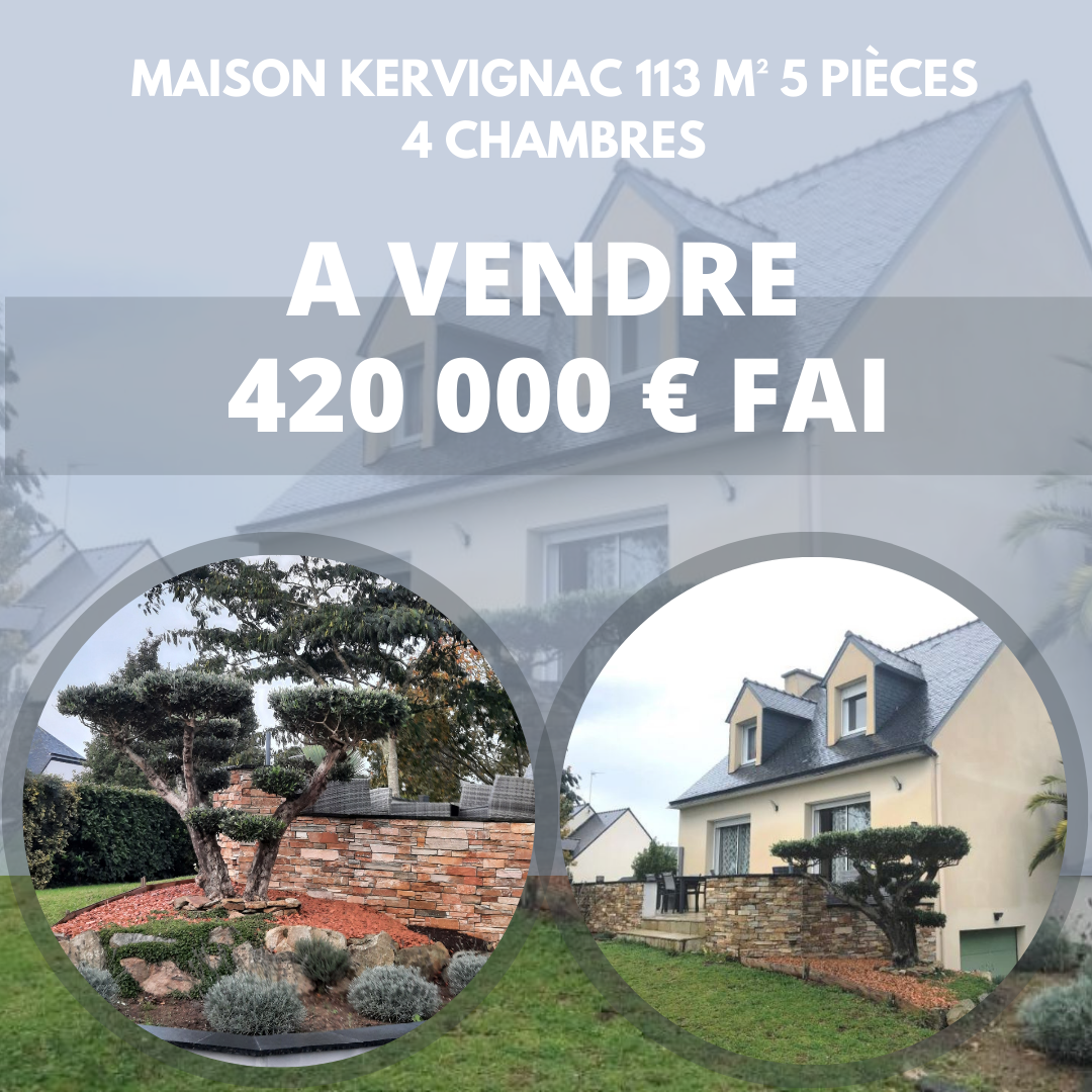 Situé dans un quartier calme et résidentiel de la commune de Kervignac, cette maison vous offre un jardin paysager sur un terrain de 978 m² et entièrement clôturé. En arrivant par le rdc, vous découvrez une entrée avec placard, qui vous amène vers un salon-séjour de près de 40 m² lumineux agrémenter d’une belle cheminée et ouvrant vers une terrasse de 29 m² sud, une cuisine aménagée et équipée. Une suite parentale qui comprend sa chambre et une salle d’eau séparée avec douche italienne. L’étage vous offre 2 belles chambres, et un espace chambre/bureau supplémentaire. Vous bénéficier d’une salle de bain et toilettes séparés. On trouve un sous-sol complet de 78 m², pouvant accueillir jusqu’à 2 véhicules. Vous trouverez à l’entrée de la propriété une cour en goudron avec deux places de parking, un portail électrique y donne accès. Les plus : chauffage pompe à chaleur de 2019, une bonne isolation, le calme Point forts - Emplacement central exceptionnel, proche de toutes les commodités - Ambiance chaleureuse grâce à la cheminée La commune de Kervignac est à 20 min de Lorient , 35min de Vannes et 1h30 de Rennes. Venez découvrir cette jolie maison située dans un quartier très prisé, à proximité à pied des écoles des commerces, du centre. La taxe foncière est de 623 € DPE C et A Les informations sur les risques auxquels ce bien est exposé sont disponibles sur le site Géorisques : www.georisques.gouv.fr » Une visite virtuelle et d'autres photos bientôt disponibles pour vous rendre compte des volumes, pour en savoir plus, pour en faire la visite contactez moi vite. 06 52 74 57 84 ou patrick.kervadec@liberkeys.com Cette annonce vous est proposée par Patrick Kervadec - Lorient - N°RSAC: 394885537, Enregistré au Greffe du tribunal de commerce de Lorient - Annonce rédigée et publiée par un Agent Mandataire - Frais à la charge du vendeur.